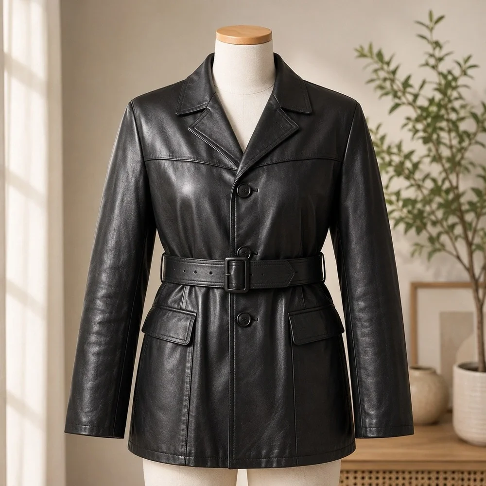 Kab Bu Leather Custom Car Coat Mens L Black Belted Vintage Seoul Korea Jacket